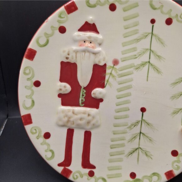 Set Of 2 Foreside Ceramic Christmas Plates Santa Pine Tree Design 8 inches - Picture 3 of 5